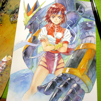 1girl agahari arm_warmers art_brush art_tools_in_frame blue_headband brown_eyes brown_hair closed_mouth clothing_cutout commentary_request crossed_arms earth_(planet) feet_out_of_frame gunbuster gunbuster_pose headband hip_vent legs_apart leotard mecha one-eyed paintbrush painting_(medium) photo_(medium) planet purple_eyes purple_leotard robot shirt short_hair short_sleeves smile standing takaya_noriko thighs top_wo_nerae! top_wo_nerae!_(series) traditional_media turtleneck turtleneck_shirt white_shirt yellow_arm_warmers