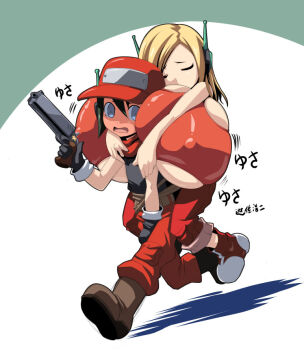 1boy 1girl alternate_breast_size_(larger) android baseball_cap blonde_hair blue_eyes blush breasts carrying closed_eyes covered_erect_nipples curly_brace doukutsu_monogatari embarrassed full-face_blush gigantic_breasts gun hat huge_breasts inconvenient_breasts kloah long_hair looking_at_viewer no_bra open_mouth pants pants_rolled_up piggyback quote_(cave_story) robot_ears scarf shoes short_hair simple_background sleeping sneakers tank_top underboob weapon