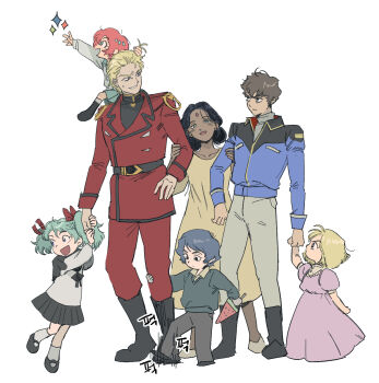 3boys 4girls aged_down amate_yuzuriha amuro_ray aqua_eyes artesia_som_deikun baegopayohungry bindi black_eyes black_hair blonde_hair blue_eyes blue_hair brother_and_sister brown_hair char's_counterattack char_aznable child dark-skinned_female dark_skin double_bun dress full_body glaring green_eyes green_hair gundam gundam_gquuuuuux hair_bun highres holding_hands in-franchise_crossover jacket kamille_bidan lalah_sune military_jacket military_uniform mobile_suit_gundam multiple_boys multiple_girls on_shoulder open_mouth pants quess_paraya red_hair sayla_mass shirt shoes short_hair siblings simple_background skirt smile standing sweatdrop sweater white_background zeta_gundam