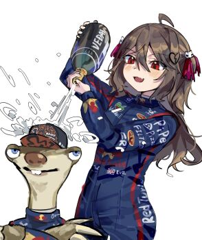 1girl ahoge ame0 arm_up black_hat blue_bodysuit blue_racing_suit bodysuit bottle broken_heart broken_heart_hair_ornament brown_hair commentary commission crossed_arms english_commentary evil_neuro-sama ground_sloth hair_between_eyes hair_ornament hand_up hat heart highres holding holding_bottle ice_age_(movie) light_blush long_hair neuro-sama open_mouth red_bull red_eyes red_ribbon ribbon second-party_source sidney_(ice_age) simple_background skull_hair_ornament torn_hair_ribbon two_side_up upper_body vedal_ai virtual_youtuber white_background