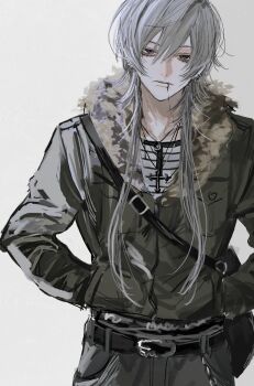 1boy belt black_belt closed_mouth commentary cowboy_shot cross cross_necklace english_commentary face_piercing fur-trimmed_jacket fur_trim grey_eyes grey_hair grey_jacket grey_pants hair_between_eyes hands_in_pockets highres jacket jewelry lip_piercing long_hair long_sleeves mizooti_0 necklace original pants piercing punk simple_background solo white_background