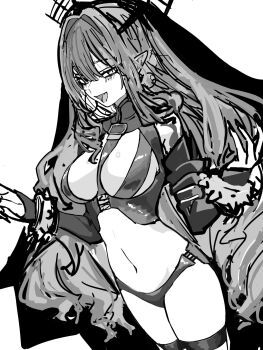 baobhan_sith_(fate) baobhan_sith_(second_ascension)_(fate) breasts detached_sleeves earrings fate/grand_order fate_(series) greyscale highres jewelry large_breasts long_hair looking_at_viewer monochrome navel niwaikanai open_mouth panties pointy_ears smile solo thigh_strap underwear