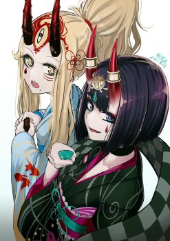 2girls b.d black_kimono blonde_hair blue_kimono blunt_bangs bob_cut breasts commentary_request eyeliner facial_mark fate/grand_order fate_(series) floral_print forehead forehead_mark hair_pulled_back headpiece highres horn_ornament horn_ring horns ibaraki_douji_(fate) japanese_clothes kimono long_hair long_sleeves looking_at_viewer makeup multiple_girls obi oni open_mouth ponytail purple_eyes purple_hair revision sash short_hair shuten_douji_(fate) shuten_douji_(lostroom_outfit)_(fate) sidelocks skin-covered_horns small_breasts smile tattoo wide_sleeves yellow_eyes
