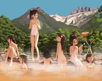 6+girls ^_^ aqua_flower ass back barefoot bath bathing black_hair blouse bottomless bow breasts brown_eyes brown_hair bush closed_eyes closed_mouth clothes_lift colorful convenient_censoring covering_privates dated day dress dress_lift feet female_focus fence flower bad_tag hair_bobbles hair_ornament hair_ribbon high_ponytail highres holding kokudou_juunigou light loli long_hair mountain multiple_girls naked_towel nature nude nude_cover one-piece_tan onsen open_clothes open_mouth original outdoors panties parted_bangs partially_submerged partially_undressed polka_dot polka_dot_dress ponytail ribbon rock scenery shadow shirt short_hair short_twintails side_ponytail sitting sky small_breasts smile soaking_feet standing sunlight tan tanline thighhighs towel towel_on_head tree twintails underwear undressing wading water wet white_legwear white_shirt