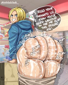 1boy ass ass_clapping blonde_hair clapping english_text highres huge_ass looking_back male_focus open_clothes sakamoto_days shin_(sakamoto_days) short_hair solo solo_focus speech_bubble sweat teatotalerlewds thought_bubble