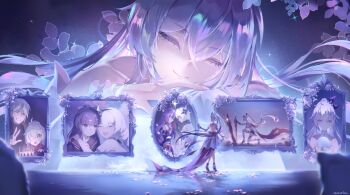 Rule 34 | 1boy, 4girls, absurdres, azuria03, bandage over one eye, birthday cake, cake, closed eyes, closed mouth, commentary, english commentary, food, hair between eyes, high ponytail, highres, honkai (series), honkai impact 3rd, kiana kaslana, kiana kaslana (herrscher of finality), kiana kaslana (herrscher of flamescion), kiana kaslana (herrscher of the void), multicolored hair, multiple girls, open mouth, painting (object), planted, planted sword, planted weapon, ponytail, purple eyes, purple hair, raiden mei, sailor collar, siegfried kaslana, sirin, smile, sword, two-tone hair, w, weapon, white hair