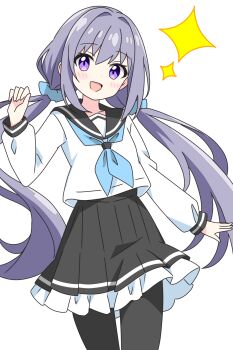 1girl :d black_pantyhose black_sailor_collar blue_neckerchief blue_scrunchie blush commentary_request cowboy_shot dot_nose frilled_skirt frills hair_ornament hair_scrunchie hand_up highres kotatsu-mazoku long_hair long_sleeves looking_at_viewer low_twintailed_girl_(kotatsu-mazoku) low_twintails neckerchief open_mouth original pantyhose pleated_skirt purple_eyes purple_hair sailor_collar school_uniform scrunchie serafuku shirt simple_background skirt smile solo sparkle twintails white_background white_shirt white_skirt