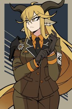 1girl absurdres ahoge animal_ears arknights armband bean52623818 black_gloves black_necktie blonde_hair breasts bright_pupils brown_pants closed_mouth collared_shirt commentary degenbrecher_(arknights) english_commentary glove_pull gloves highres horns large_breasts long_hair long_sleeves looking_to_the_side military_uniform necktie orange_shirt pants shirt solo very_long_hair white_pupils yellow_eyes