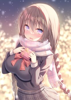 Rule 34 | 1girl, black shirt, blurry, blurry background, blush, bow, box, braid, breasts, brown hair, commentary request, depth of field, fringe trim, gift, gift box, grey skirt, hair between eyes, hands up, holding, holding gift, large breasts, long hair, long sleeves, looking at viewer, low twintails, open mouth, original, plaid clothes, plaid scarf, pleated skirt, puffy long sleeves, puffy sleeves, purple eyes, red bow, sailor collar, scarf, school uniform, serafuku, shirt, skirt, sleeves past wrists, snowing, solo, twin braids, twintails, very long hair, watagashi yui, white sailor collar