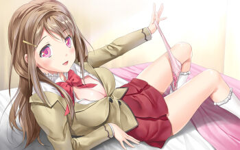 Rule 34 | 1girl, blush, bobby socks, bow, breasts, brown hair, cleavage, female focus, hair ornament, hairclip, long hair, long sleeves, looking at viewer, lying, maki aida factor, medium breasts, on back, open mouth, original, panties, panties around leg, pink eyes, pink panties, school uniform, skirt, socks, solo, underwear, white socks