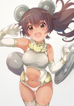 1girl 30_minutes_sisters :d animal_ears bare_shoulders bear_ears blush breasts brown_eyes brown_hair clothing_cutout commentary_request cowboy_shot dark-skinned_female dark_skin elbow_gloves fake_animal_ears floating_hair gloves grey_thighhighs hair_between_eyes highres large_breasts leotard long_hair looking_at_viewer luluce_(30ms) mecha_musume mechanical_ears navel open_mouth pariya_0001 ponytail shield sidelocks simple_background smile solo standing stomach stomach_cutout teeth thighhighs upper_teeth_only white_background white_gloves white_leotard