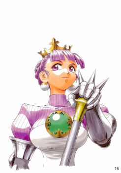 1girl armor atlus blunt_bangs crown earrings female_focus from_below gauntlets gold_crown gradriel gradriel_de_valendia hair_bun highres jewelry princess_crown purple_eyes purple_hair short_hair single_hair_bun solo sonoda_ken&#039;ichi sword weapon white_background