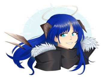 Rule 34 | 1girl, aqua eyes, arknights, black jacket, blue hair, cropped torso, fur-trimmed jacket, fur trim, gallaxi, halo, horns, jacket, looking to the side, mostima (arknights), simple background, smile, solo, teeth, white background