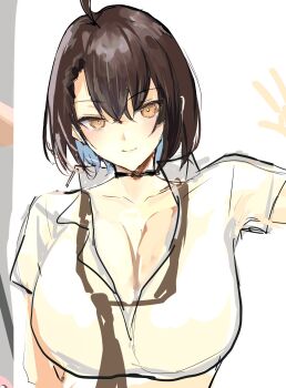 1girl absurdres ahoge azur_lane baltimore_(after-school_ace)_(azur_lane) baltimore_(azur_lane) black_choker braid breasts brown_eyes brown_hair choker cleavage closed_mouth collared_shirt highres large_breasts looking_at_viewer loose_necktie necktie official_alternate_costume partially_unbuttoned porroll shirt short_sleeves side_braid solo unfinished waving white_shirt