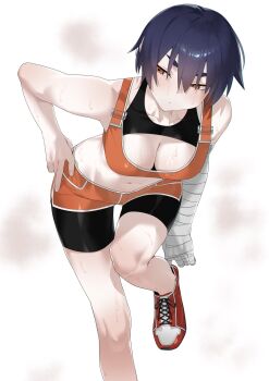 1girl adjusting_footwear arril100 bakemonogatari bandaged_arm bandages bare_shoulders breasts choppy_bangs cleavage collarbone crop_top gym_shirt gym_uniform hair_between_eyes highres kanbaru_suruga leaning_forward looking_to_the_side monogatari_(series) navel orange_eyes shirt short_hair simple_background sleeveless solo sports_bra sportswear tank_top thigh_gap upper_body white_background