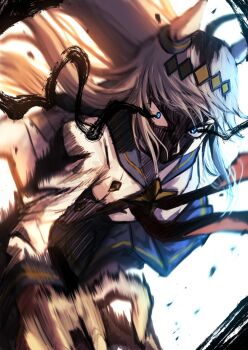 1girl ahoge animal_ears blue_eyes blue_sailor_collar blue_skirt brooch ear_ornament eye_trail grey_hair grey_tail hair_between_eyes hairband hasewo highres horse_ears horse_girl horse_tail jacket jewelry light_trail long_hair long_sleeves looking_at_viewer multicolored_hair neckerchief oguri_cap_(starlight_beat)_(umamusume) oguri_cap_(umamusume) pleated_skirt red_neckerchief running sailor_collar shaded_face shirt skirt solo star_brooch tail umamusume white_jacket white_shirt