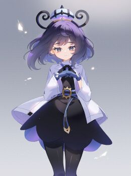 1girl belt belt_buckle black_dress black_eyes black_pantyhose blue_gloves buckle closed_mouth coat coletta_(colet_colettia) commentary dress english_commentary eyelashes gloves gwynn_(pokemon) hat highres interlocked_fingers long_sleeves looking_at_viewer mixed-language_commentary nintendo o-ring o-ring_belt open_clothes open_coat own_hands_together pantyhose pokemon pokemon_legends:_z-a purple_hair short_hair solo white_coat