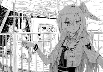 1girl blue_archive carousel commentary_request greyscale hair_between_eyes halo head_wings highres kotoba_ayato long_hair long_sleeves monochrome open_mouth pointing school_uniform single_head_wing smile solo suzumi_(blue_archive) trinity_general_school_logo upper_body wings