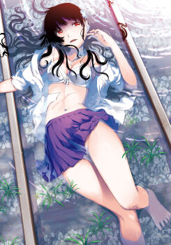 Rule 34 | 1girl, bare legs, barefoot, black hair, bra, breasts, commentary request, foot out of frame, hattori mitsuru, highres, long hair, looking at viewer, lying, medium breasts, navel, on back, open clothes, open mouth, open shirt, partially submerged, pleated skirt, purple skirt, red eyes, sanka rea, sankarea, school uniform, shirt, skirt, solo, stitched torso, stitches, underwear, water, white bra, white shirt