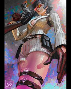 1girl ak-47 artist_name assault_rifle belt black_hair breasts cleavage devil_may_cry devil_may_cry_(series) devil_may_cry_4 gloves gun highres holding holding_gun holding_weapon jacket kalashnikov_rifle lady_(devil_may_cry) maskoo185826 multiple_thigh_straps orange-tinted_eyewear rifle shorts signature sunglasses tinted_eyewear weapon white_jacket white_shorts