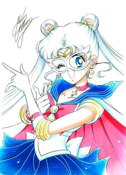 1girl ;d bishoujo_senshi_sailor_moon bishoujo_senshi_sailor_moon_(first_season) blue_eyes blue_sailor_collar blue_skirt bow brooch cape choker cowboy_shot crescent crescent_earrings double_bun earrings elbow_gloves female_focus gloves hair_bun hair_ornament hairpin jewelry long_hair m/ magical_girl marco_albiero marker_(medium) mask one_eye_closed open_mouth pleated_skirt red_bow sailor_collar sailor_moon signature skirt smile solo tiara traditional_media tsuki_ni_kawatte_oshioki_yo tsukino_usagi twintails white_background white_bow white_gloves white_hair