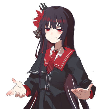 1girl ace_attorney black_hair black_shirt black_skirt chinese_commentary closed_mouth commentary_request crown flower hair_flower hair_ornament highres long_hair long_sleeves looking_at_viewer mahou_shoujo_no_majo_saiban necktie nikaido_hiro parody red_eyes red_flower red_necktie shirt simple_background skirt smile smug solo white_background xiongmao