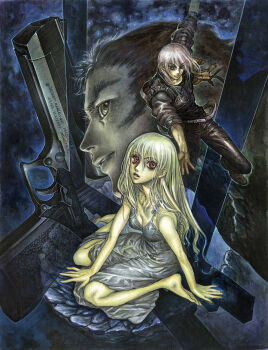 1girl 2boys bare_shoulders belt brown_hair brown_jacket brown_shoes cover cover_page dai_yagashira dark_background desert_eagle dress gun handgun hands_on_floor hanging highres holding holding_gun holding_weapon huge_weapon israel jacket kneeling limited_palette long_sideburns looking_to_the_side lower_teeth_only multiple_boys novel_cover novel_illustration official_art on_floor open_mouth outstretched_arm pale_skin red_eyes science_fiction shoes sideburns slip-on_shoes strap teeth treasure_hunter_yagashiradai_file v-shaped_eyebrows weapon white_dress white_hair wrinkled_fabric yonemura_kouichirou