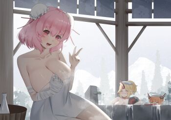 Rule 34 | 3girls, absurdres, alternate costume, alternate hairstyle, bandaged arm, bandages, big onis of gensokyo (touhou), blonde hair, breasts, brown horns, bun cover, cleavage, closed eyes, closed mouth, collarbone, commentary, cup, double bun, facing viewer, fang, fang out, hair bun, highres, horns, hoshiguma yuugi, huge breasts, ibaraki kasen, ibuki suika, long hair, looking at viewer, medium hair, multiple girls, naked towel, no noru, oni, open mouth, orange hair, pink eyes, pink hair, ponytail, red horns, revision, sakazuki, same-sex bathing, shared bathing, single horn, smile, tokkuri, touhou, towel, towel on head, w, water