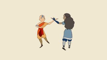 1boy 1girl aang animated animated_gif asymmetrical_clothes avatar:_the_last_airbender avatar_legends bald brown_hair dancing dark-skinned_female dark_skin eye_contact handstand katara looking_at_another mathilde_vachet smile tattoo
