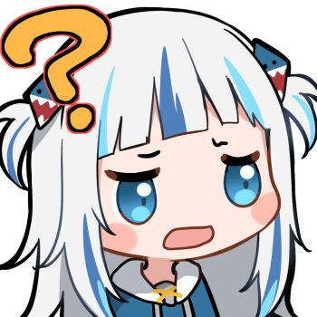 1girl ? artist_request bad_link blue_hair blue_hoodie blunt_bangs blush_stickers chibi drawstring gawr_gura gawr_gura_(1st_costume) hair_ornament hololive hololive_english hood hood_down hoodie jitome multicolored_hair official_art open_mouth portrait raised_eyebrows shark_hair_ornament solo streaked_hair transparent_background two_side_up virtual_youtuber white_hair