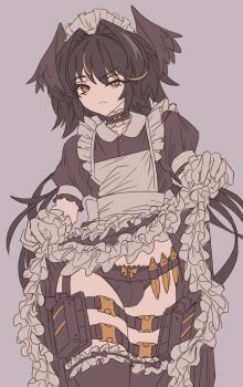 1boy absurdres ace_windhover apron astolfo_(fate) black_hair black_panties blonde_hair bulge choker clothes_lift commentary crossdressing crossdressing_(mtf) dagger disdain dress dress_lift english_commentary fate/apocrypha fate_(series) feathers frilled_dress frilled_sleeves frills gloves gun hair_intakes handgun highres holster indie_virtual_youtuber knife looking_at_viewer maid maid_apron male_focus multicolored_hair panties raised_eyebrow simple_background single_hair_streak solo streaked_hair tactical_maid thigh_holster thighhighs trap unconventional_maid underwear virtual_youtuber weapon white_gloves yellow_eyes zhvo