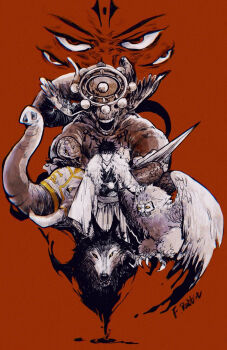 1other 2boys artist_name banshou_(jujutsu_kaisen) black_hair commentary datto_(jujutsu_kaisen) eight-handed_wheel elephant english_commentary f_rabbit four_eyes fushiguro_megumi gyokuken head_tail highres jujutsu_kaisen mahoraga_(jujutsu_kaisen) multiple_boys nue_(jujutsu_kaisen) orochi_(jujutsu_kaisen) rabbit ryoumen_sukuna_(jujutsu_kaisen) shikigami short_hair snake sword_of_extermination tusks wheel_of_dharma wings_as_eyes wolf wrist_blades