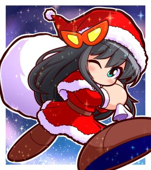 1girl aqua_eyes asai_ren asouuuu belt black_hair border brown_belt brown_shoes capelet commentary_request fur-trimmed_capelet fur_trim goggles goggles_on_headwear hat highres holding holding_sack jikkyou_powerful_pro_yakyuu jikkyou_powerful_pro_yakyuu_(style) long_hair looking_at_viewer no_mouth one_eye_closed outside_border power_pro_kun_pocket power_pro_kun_pocket_12 rayman_limbs red_capelet red_hat sack santa_costume santa_hat shoes solo sparkle white_border