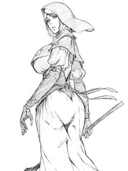 1girl black_bodice breasts closed_mouth coif elbow_gloves elden_ring elden_ring_nightreign from_behind gloves holding holding_mace holding_weapon hood large_breasts mace nun rakusakugk sketch solo undertaker_(elden_ring) veil weapon white_background