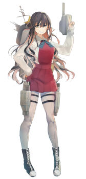 1girl black_hair boots breasts dress full_body grey_pantyhose grin hair_between_eyes hair_ribbon hand_on_own_hip highres holding kantai_collection lace-up_boots long_hair long_sleeves looking_at_viewer multicolored_hair naganami_(kancolle) onbr pantyhose pink_hair red_dress ribbon rigging shirt simple_background smile solo standing thigh_strap very_long_hair wavy_hair white_background white_shirt yellow_ribbon