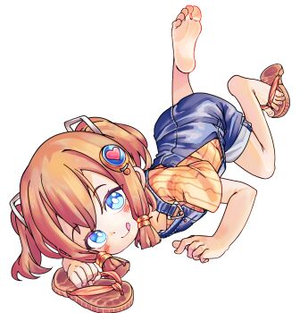 1girl :q barefoot blue_eyes blue_overalls blush brown_hair chaosexceed closed_mouth commentary feet hair_ornament highres looking_at_viewer lying on_stomach open_mouth orange_shirt original overall_shorts overalls paid_reward_available sandals shirt short_sleeves simple_background single_bare_foot soles solo toes tongue tongue_out twintails white_background zouri