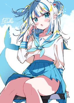 absurdres blue_dress blue_eyes blue_hair blush cloud collared_shirt dress fins fish_skeleton fish_tail gawr_gura hair_ornament hairclip highres holding holding_own_hair hololive hololive_english ichijo_rei multicolored_hair nail_polish open_mouth school_uniform shark_girl shark_tail shirt simple_background tail white_background white_hair