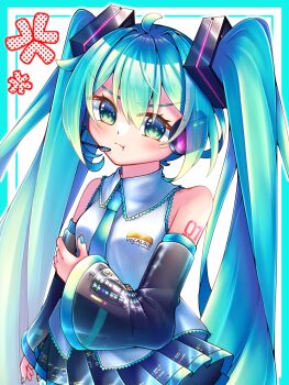 1girl :t anger_vein aqua_eyes aqua_hair aqua_nails aqua_necktie aqua_trim arm_tattoo bare_shoulders black_skirt blush breasts closed_mouth collarbone collared_shirt commentary_request detached_sleeves fingernails grey_hair hair_between_eyes hair_ornament hatsune_miku less long_hair long_sleeves looking_at_viewer miniskirt nail_polish necktie number_tattoo pleated_skirt pout see-through_clothes see-through_sleeves shindou_(tale_ship) shirt skirt sleeveless small_breasts tattoo twintails very_long_hair vocaloid wide_sleeves