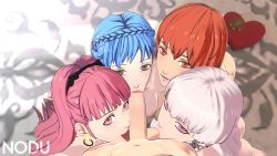 1boy 3d 4girls animated ass blue_hair breasts cooperative_fellatio earrings fellatio fire_emblem fire_emblem:_three_houses from_above highres hilda_valentine_goneril jewelry leonie_pinelli looking_at_viewer lysithea_von_ordelia male_byleth_(fire_emblem) marianne_von_edmund matching_hair/eyes medium_breasts multiple_girls nintendo nipples nodusfm nude oral orange_eyes orange_hair penis pink_eyes pink_hair pov sound teamwork_(sexual) testicle_sucking testicles video white_hair