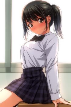 Rule 34 | 1girl, absurdres, arm support, black bow, black bowtie, black hair, black skirt, blush, bow, bowtie, breasts, brown eyes, classroom, commentary request, desk, high ponytail, highres, large breasts, long hair, long sleeves, looking at viewer, matsunaga kouyou, on desk, original, plaid clothes, plaid skirt, pleated skirt, ponytail, school, school uniform, shirt, sitting, skirt, solo, white shirt, window