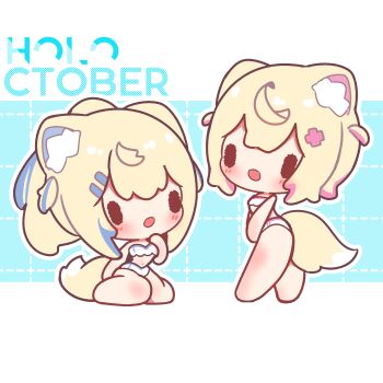2girls :d animal_ear_fluff animal_ears barefoot bikini blonde_hair blue_background blue_streaks blush chibi chibi_only commentary decrilus dog_ears dog_girl dog_tail double-parted_bangs english_commentary full_body fuwawa_abyssgard grid_background hair_ornament hairclip highres hololive hololive_english letterboxed long_hair mococo_abyssgard multicolored_hair multiple_girls navel open_mouth outline outside_border parallel_hairclips pink_streaks short_hair siblings sisters sitting smile standing streaked_hair swimsuit tail twins virtual_youtuber white_bikini white_outline x_hair_ornament