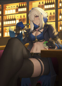 1girl absurdres black_pantyhose black_shorts black_thighhighs blue_bra blue_hair bra breasts closed_mouth colored_inner_hair commentary_request crossed_legs earrings galbrena_(wuthering_waves) hand_up highres holding holding_spoon jewelry looking_at_viewer medium_breasts medium_hair multicolored_hair navel pantyhose partial_commentary purple_eyes sa-baaa shorts single_leg_pantyhose single_thighhigh solo spoon stomach thighhighs thighs underwear wuthering_waves