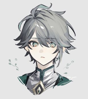 1boy aged_down akademiya_uniform alhaitham_(genshin_impact) child closed_mouth cropped_shoulders genshin_impact grey_background grey_hair hair_between_eyes highres looking_at_viewer male_focus portrait sho_yai short_hair solo