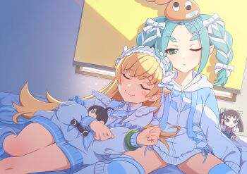2girls aqua_hair araragi_koyomi blonde_hair bow braid character_doll closed_eyes commentary doll green_eyes hachikuji_mayoi hair_bow hat highres long_hair long_sleeves looking_at_viewer monogatari_(series) monogatari_series_shibuya109_collaboration multiple_girls multiple_hair_bows one_eye_closed ononoki_yotsugi orange_hat oshino_shinobu sleeping tea_ramisu thick_eyebrows twin_braids white_bow