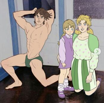 1boy 2girls abs aged_down arm_behind_head armpits arms_up artist_request ballet_slippers bare_legs bare_pectorals barefoot blonde_hair blue_eyes braid brown_hair child closed_mouth collarbone collared_dress collared_sweater door dress earrings floral_print floral_print_dress green_dress green_eyes green_male_underwear grin groin jewelry jojo_no_kimyou_na_bouken joseph_joestar knee_up kujo_holy long_hair looking_at_viewer male_underwear multicolored_skirt multiple_girls navel nipples no_shirt non-web_source pectorals print_dress purple_dress purple_shoes purple_socks real_life shoes single_braid skirt smile socks spiked_hair standing standing_on_one_leg suzi_q underwear