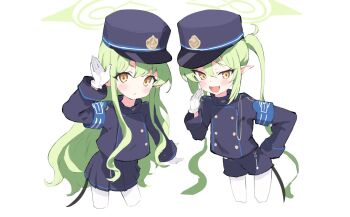 2girls black_hat blue_archive cowboy_shot green_hair hat hikari_(blue_archive) kiomota multiple_girls nozomi_(blue_archive) school_uniform simple_background thigh_gap twitter white_background yellow_eyes