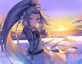 1girl alternate_costume blush breath cloud coat coat_dress dress fur-trimmed_sleeves fur_trim grey_coat grey_dress hair_intakes hair_ribbon hatsuharu_(kancolle) horizon kantai_collection long_hair long_sleeves looking_at_viewer outdoors parted_lips ponytail purple_hair red_ribbon ribbon shide sidelocks sky solo sunrise tousaki_umiko very_long_hair