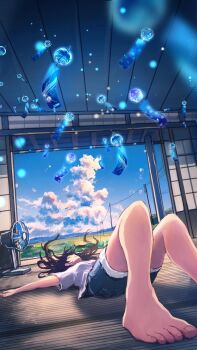 1girl barefoot black_hair blue_sky closed_eyes closed_mouth cloud commentary_request denim denim_shorts electric_fan floating_hair foot_out_of_frame foreshortening highres indoors knees_up long_hair lying on_back on_floor original outstretched_arms power_lines sanmen_(threeface_il) shirt short_sleeves shorts shouji sky sliding_doors solo spread_arms summer tatami toenails toes white_shirt wind_chime