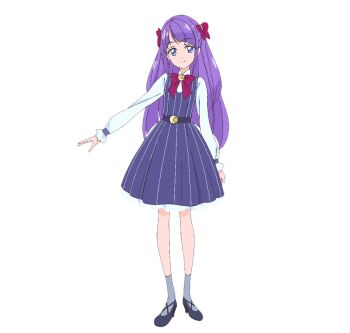 1girl black_shoes blue_eyes bow closed_mouth collared_shirt crescent dress full_body grey_socks hair_bow kaguya_madoka long_hair long_sleeves looking_at_viewer neck_ribbon official_art precure purple_dress purple_hair purple_ribbon ribbon second-party_source shirt shoes smile socks solo standing star_twinkle_precure tachi-e white_shirt