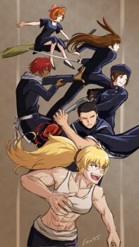 abs black_jacket broom character_request coco_adel cosplay crossover eryx45 fox_alistair gun handgun highres holding holding_gun holding_weapon jacket jujutsu_kaisen katana long_sleeves midriff miwa_kasumi miwa_kasumi_(cosplay) muta_kokichi muta_kokichi_(cosplay) nishimiya_momo nishimiya_momo_(cosplay) penny_polendina revolver rwby scarf sports_bra sword toudou_aoi_(jujutsu_kaisen) toudou_aoi_(jujutsu_kaisen)_(cosplay) velvet_scarlatina weapon white_sports_bra yang_xiao_long yatsuhashi_daichi zenin_mai zenin_mai_(cosplay)